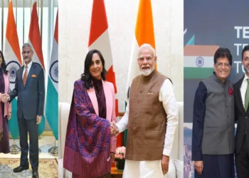 (From Left to Right): Canada FM Anita Ananad with EAM Jaishankar, Anita Anand with PM Modi & Commerce Minister Piyush Goyal with Canada International Trade Minister Maninder Sidhu
