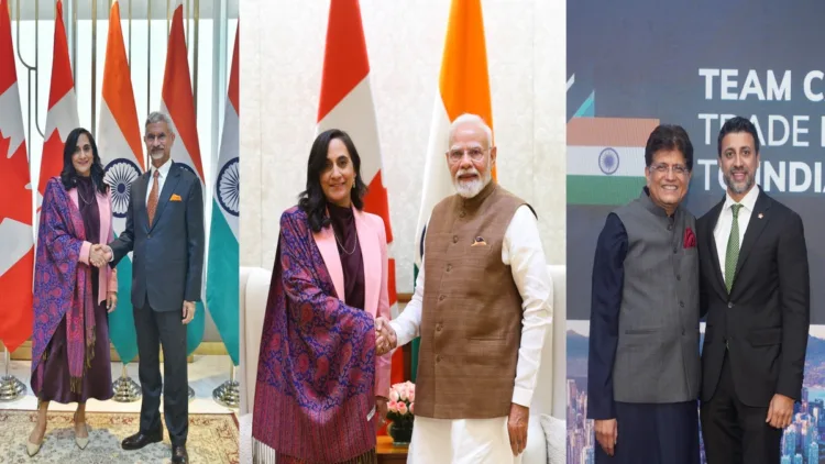 (From Left to Right): Canada FM Anita Ananad with EAM Jaishankar, Anita Anand with PM Modi & Commerce Minister Piyush Goyal with Canada International Trade Minister Maninder Sidhu
