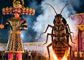 A giant cockroach effigy burns alongside a towering Ravana during Dussehra celebrations in Delhi, drawing crowds