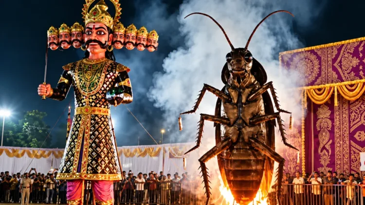 A giant cockroach effigy burns alongside a towering Ravana during Dussehra celebrations in Delhi, drawing crowds
