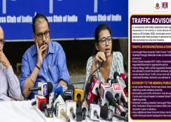 (Left) Rashtriya Janata Dal (RJD) MP Manoj Jha, centre, advocate Prashant Bhushan, left, and All India Students' Association (AISA) National President Neha Bora address a press conference calling for a protest at Jantar Mantar on October 2 to demand the resignation of Chief Election Commissioner Gyanesh Kumar, in New Delhi (Right) Traffic Restrictions Near Jantar Mantar on October 2; Delhi Police Issues Advisory