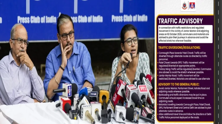 (Left) Rashtriya Janata Dal (RJD) MP Manoj Jha, centre, advocate Prashant Bhushan, left, and All India Students' Association (AISA) National President Neha Bora address a press conference calling for a protest at Jantar Mantar on October 2 to demand the resignation of Chief Election Commissioner Gyanesh Kumar, in New Delhi (Right) Traffic Restrictions Near Jantar Mantar on October 2; Delhi Police Issues Advisory