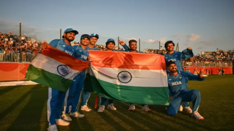 Indian Cricket Team celebrate as they defeat Pakistan in the Asiad Games 2026 cricket and clinch the gold medal