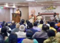 Uprashtrapati C.P. Radhakrishnan addresses the gathering, alongside Vidhubala, Governor Rajendra Viswanath Arlekkar, BJP MP C. Sadanandan Master.