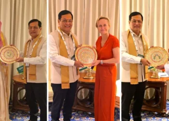 Union Minister Sarbananda Sonowal meets Saudi Arabia’s Suliman Almazroua (left), Belgium’s Annick De Ridder (centre) and Bhutan’s Lyonpo Chandra Bahadur Gurung in New Delhi. Photo: X/@sarbanandsonwal