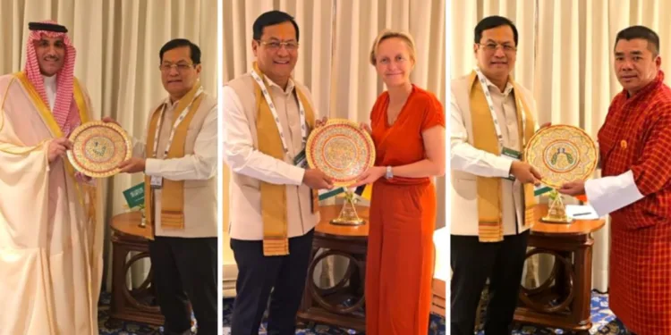 Union Minister Sarbananda Sonowal meets Saudi Arabia’s Suliman Almazroua (left), Belgium’s Annick De Ridder (centre) and Bhutan’s Lyonpo Chandra Bahadur Gurung in New Delhi. Photo: X/@sarbanandsonwal