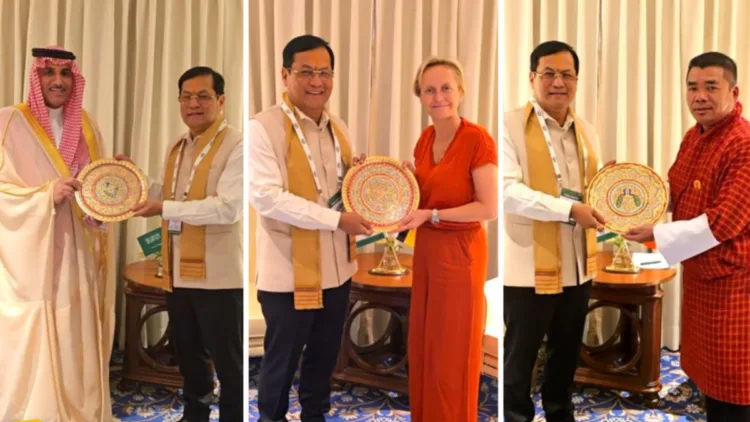 Union Minister Sarbananda Sonowal meets Saudi Arabia’s Suliman Almazroua (left), Belgium’s Annick De Ridder (centre) and Bhutan’s Lyonpo Chandra Bahadur Gurung in New Delhi. Photo: X/@sarbanandsonwal