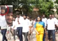 TVK Ministers Aadhav Arjuna and S. Ramesh with a Muslim aide wearing a skull cap during their visit to the Thiruvannamalai temple