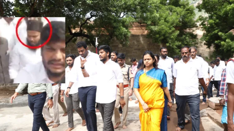 TVK Ministers Aadhav Arjuna and S. Ramesh with a Muslim aide wearing a skull cap during their visit to the Thiruvannamalai temple