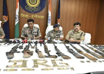 Police and security forces officials briefing the media on the recovery of a Maoist weapons and explosives dump in Dantewada.