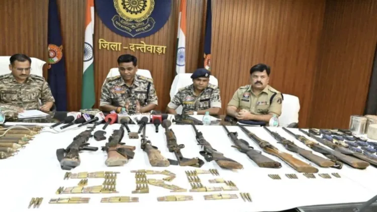 Police and security forces officials briefing the media on the recovery of a Maoist weapons and explosives dump in Dantewada.