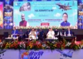Defence Minister Rajnath Singh, Odisha Chief Minister Mohan Charan Majhi and others at a programme at HAL, Sunabeda