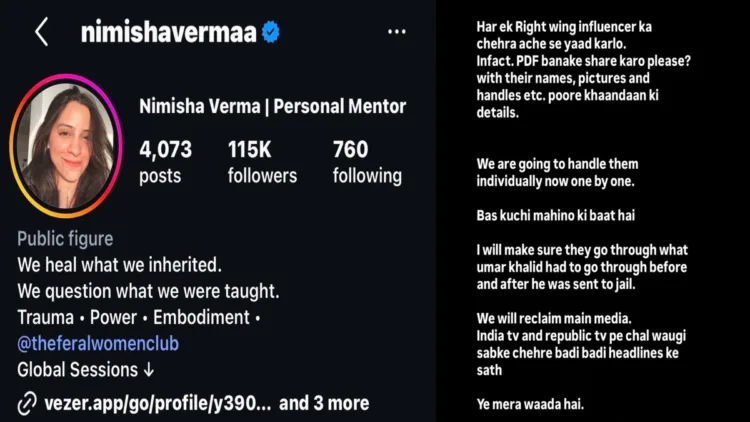 A post by CJP supporter Nimisha Verma sparks concerns over leftist intolerance and calls to list nationalist influencers and their families