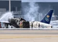 A Saudi Arabian Airlines aircraft burns at Riyadh airport following a Houthi missile attack, amid escalating strikes on Saudi infrastructure