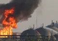 Flames engulf a Saudi Aramco oil facility south of Riyadh on October 3, following an earlier Houthi attack on the kingdom’s oil infrastructure
