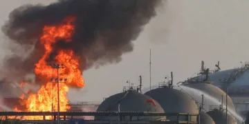 Flames engulf a Saudi Aramco oil facility south of Riyadh on October 3, following an earlier Houthi attack on the kingdom’s oil infrastructure