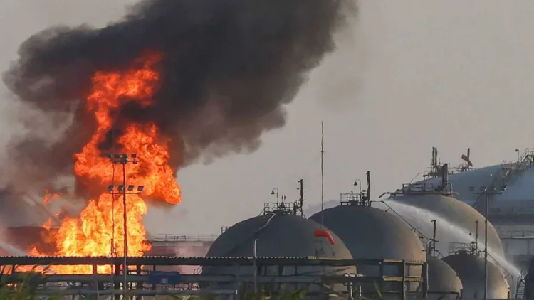 Flames engulf a Saudi Aramco oil facility south of Riyadh on October 3, following an earlier Houthi attack on the kingdom’s oil infrastructure