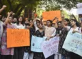 ABVP staged a protest at JNU, burning an effigy and demanding the immediate arrest of Congress MP Angomcha Bimol Akoijam