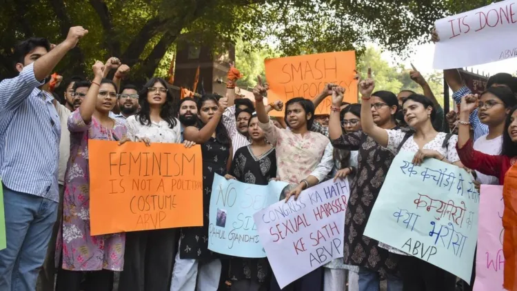 ABVP staged a protest at JNU, burning an effigy and demanding the immediate arrest of Congress MP Angomcha Bimol Akoijam