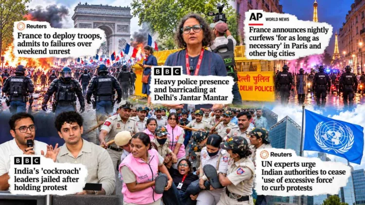 From Paris to Delhi, the protest narrative shifts from restoring public order to alleging state repression, raising questions about double standards in Western media coverage