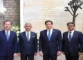 From left to right: US Ambassador to India Gor, India's EAM S Jaishankar, US Secretary of State Marco Rubio, and a India's FS Vikram Mishri pay tribute to the victims of the 26/11 Mumbai terror attacks at the Taj Mahal Palace Hotel on October 20, 2026.