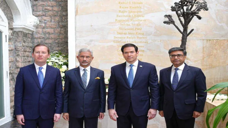 From left to right: US Ambassador to India Gor, India's EAM S Jaishankar, US Secretary of State Marco Rubio, and a India's FS Vikram Mishri pay tribute to the victims of the 26/11 Mumbai terror attacks at the Taj Mahal Palace Hotel on October 20, 2026.